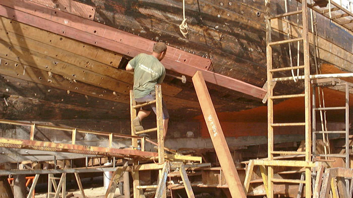 Replacing hull planking on West Country Trading Ketch 'Irene' in Venezuela.